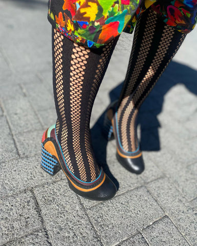 Black leather high heels by Kron by Kronkron, with blue/black patent woven heel and multicolor accents