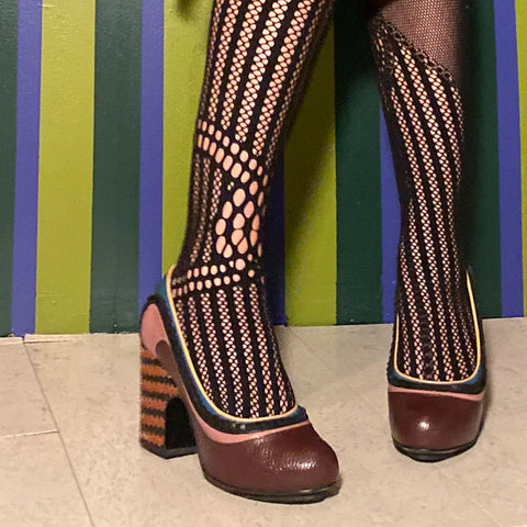 Burgundy high heel shoes by Kron by Kronkron, burgundy leather with multicolored accents