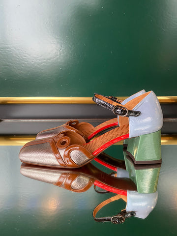 Chie Mihara VYCOLA Silver Multi heels in metallic silver leather with caramel brown detailing, powder blue heel panel and sage green block heel