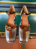 Chie Mihara VYCOLA Silver Multi heels viewed from above with metallic silver leather, caramel brown detailing, black buckle strap and red accents