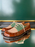Chie Mihara JALIPO Multi flat lace-up shoes shown at an angle with cognac patent-effect leather, sage green panel and blush pink embossed toe