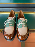 Chie Mihara JALIPO Multi shoes viewed from above with beige laces, sage green leather, blush pink front panel and cognac brown trim