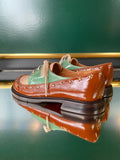 Chie Mihara JALIPO Multi flat shoes shown from the rear angle with cognac brown leather, gold-tone studs and a low stacked heel