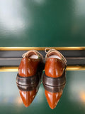 Chie Mihara JALIPO Multi shoes viewed from the back with cognac brown leather, stud detailing and a dark stacked sole