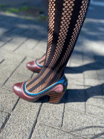 Designer women’s statement heels with cork and patent leather details, round toe