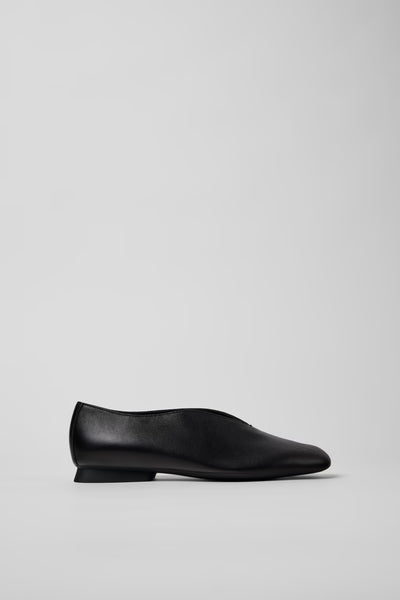 Side view of Casi Myra black calfskin leather ballerinas showing slightly squared toe and lightweight TPU outsole.