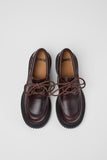 Top view of Camper Pix London burgundy leather moccasin on a white background.