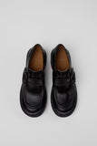 Top view of Camper Milah black calfskin leather shoes from Kron showing the chunky silhouette and smooth, structured design.