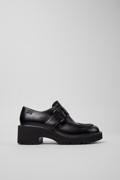 Side view of Camper Milah black calfskin leather shoes from Kron showing the chunky sculptural profile and lightweight EVA sole.