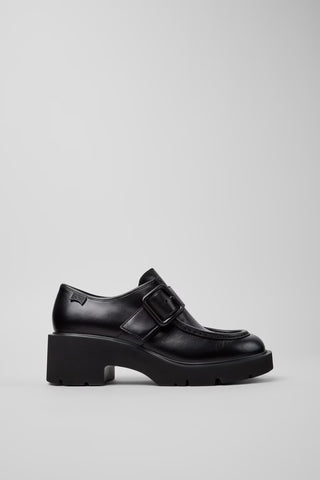Side view of Camper Milah black calfskin leather shoes from Kron showing the chunky sculptural profile and lightweight EVA sole.