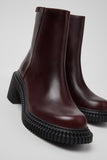 Angled view of Camper Pix London burgundy calfskin leather mid boot with 7 cm XL EXTRALIGHT® platform on a white background.
