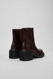 Back view of Camper Pix London burgundy leather mid boot showing heel shape and stitching detail on a white background.