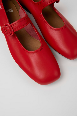 Casi Myra red leather ballerinas with buckle strap and slightly square toe