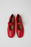 Top view of Casi Myra red leather ballerinas with buckle straps
