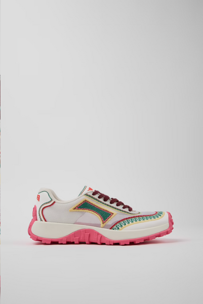Side view of Camper Twins multicolor textile sneaker with pink Vibram® outsole
