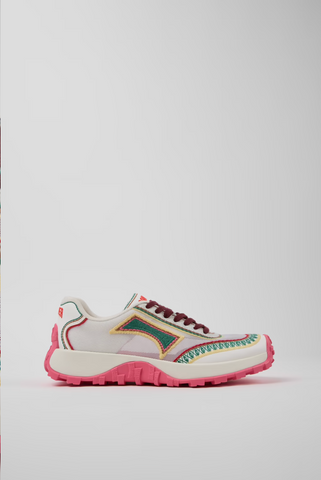 Side view of Camper Twins multicolor textile sneaker with pink Vibram® outsole