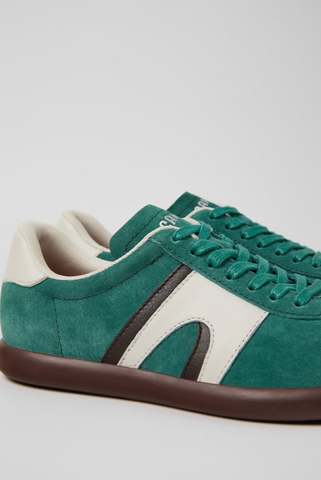 Close-up of Camper Pelotas Soller multicolor nubuck sneakers with green laces