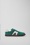 Side view of Camper Pelotas Soller green nubuck sneaker with brown rubber sole