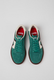 Top view of Camper Pelotas Soller green nubuck sneakers with red footbeds