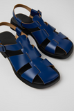 Close-up of Camper Dana blue leather sandals with woven strap design
