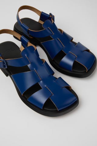 Close-up of Camper Dana blue leather sandals with woven strap design