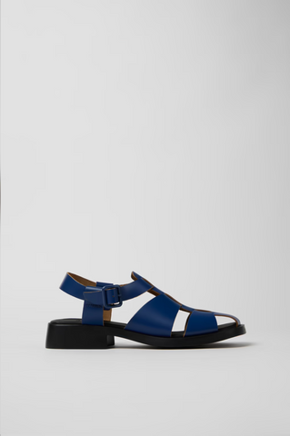 Side view of Camper Dana blue leather sandal with adjustable buckle strap
