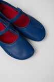 Close-up of Camper Right Nina blue leather ballerinas with hook-and-loop strap