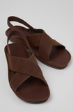 Close-up of Camper Right Isla brown nubuck sandals with crossover straps