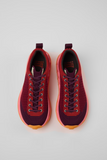 Top view of Camper x SUNNEI PELOTISSIMA burgundy textile sneakers with lace-up closure
