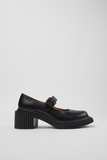 Side view of Camper Pix London black leather Mary Jane-style moccasin with 7 cm heel.