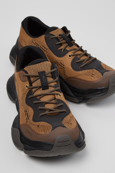 Brown and black Karst 2 recycled sneakers for men by Camper with lace-up closure and rugged Vibram soles.