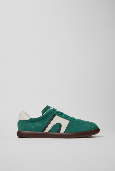 Side view of green Camper Pelotas Soller sneaker with brown rubber outsole.