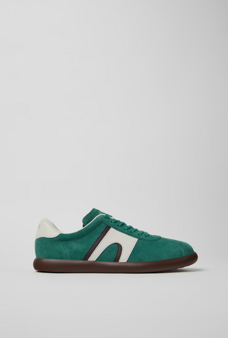 Side view of green Camper Pelotas Soller sneaker with brown rubber outsole.