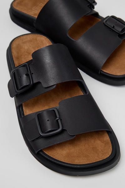 Camper Lluc Sandal black leather sandals for men close-up with buckle straps