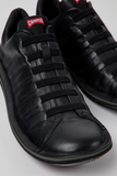 Camper Beetle black leather shoes for men close-up with elastic laces