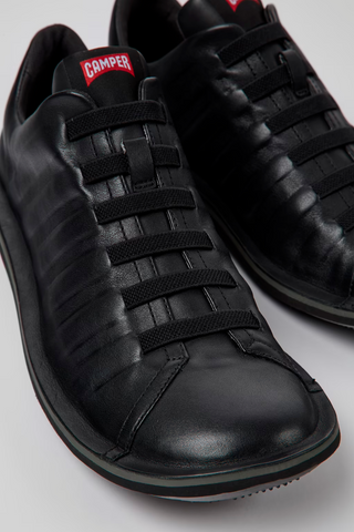 Camper Beetle black leather shoes for men close-up with elastic laces