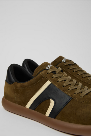 Camper Pelotas Soller green and black sneakers close-up with lace-up detail