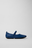 Side view of Camper Right Nina blue leather ballerina with flat black sole
