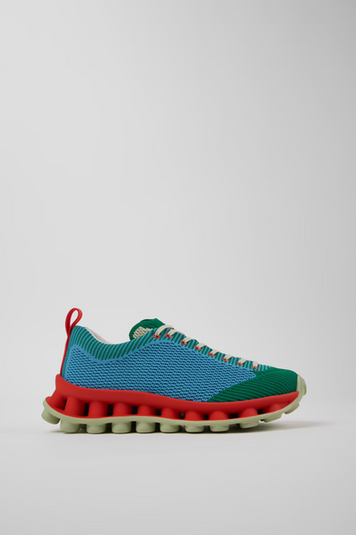 Camper x SUNNEI PELOTISSIMA green and blue sneaker side view with red cushioned midsole and pale green outsole