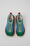 Camper x SUNNEI PELOTISSIMA green and blue sneakers top view with cream laces and red eyelets
