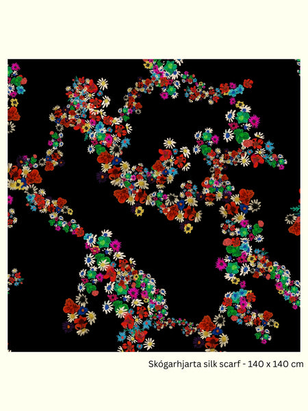 Skógarhjarta 140 × 140 cm silk georgette scarf by Kron by Kronkron with multicoloured geometric print by Hugrún and Magni