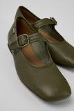 Close-up of Camper Casi Myra green leather ballerinas showing the smooth leather upper and softly squared toe