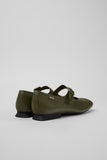 Rear three-quarter view of Camper Casi Myra green leather ballerinas showing the heel and low-profile sole
