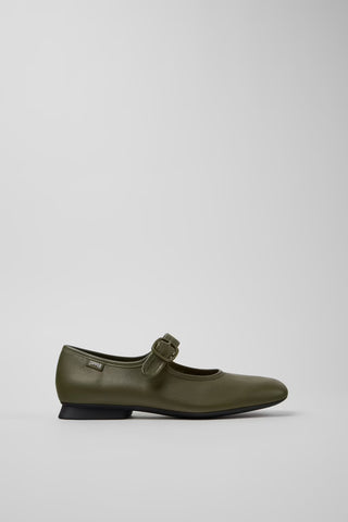Side view of Camper Casi Myra green leather ballerinas showing the low-profile silhouette and softly squared toe
