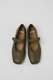 Top view of Camper Casi Myra green leather ballerinas showing the openings and toe shapes