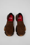 Top view of Camper Karst 2 brown suede moccasins showing the rounded toes and red interior lining
