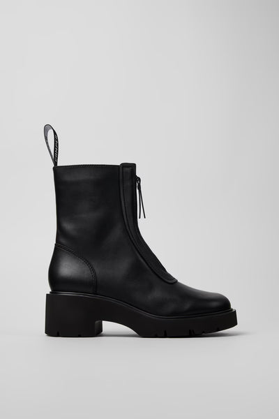 Side view of Camper Milah black leather ankle boots showing the chunky sole and sculptural silhouette