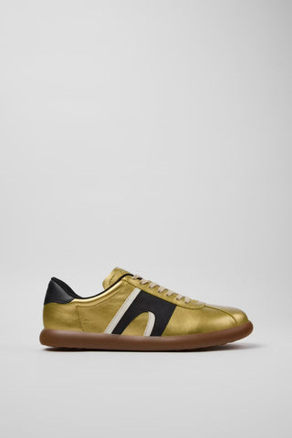Side view of Camper Pelotas Soller men's multicolor leather sneakers showing yellow and black panels and the rubber sole