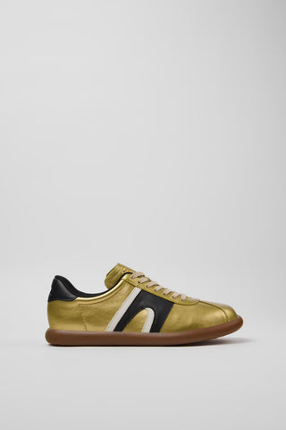 Side view of Camper Pelotas Soller multicolor leather sneakers showing the yellow upper and contrasting colour panels