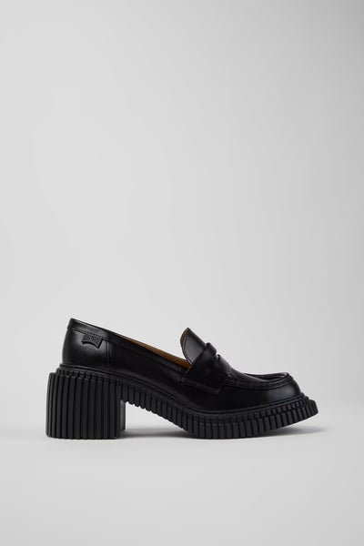 Side view of Camper Pix London black leather heeled loafers showing the sculptural heel and penny-loafer design